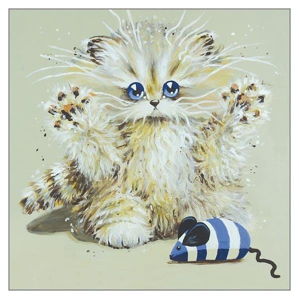 Kim Haskins Godzilla luxury blank greeting card featuring an adorable fluffy kitten with raised paws, bright blue eyes and a striped toy mouse.