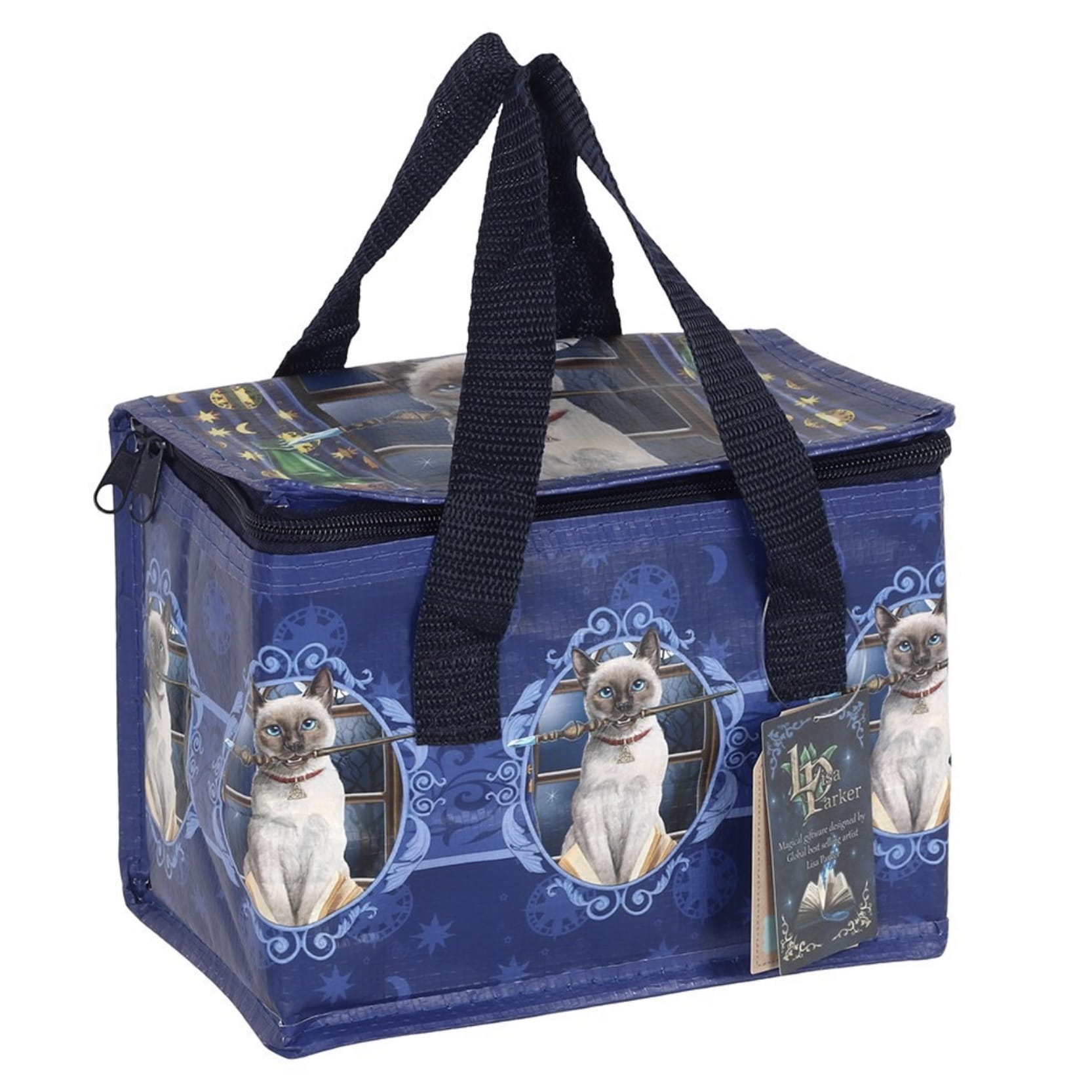 Lisa Parker Hocus Pocus insulated lunch bag with zip fastening, sturdy handles and magical blue-eyed cat design.