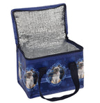Open Lisa Parker Hocus Pocus insulated lunch bag showing silver insulated lining and magical cat artwork.