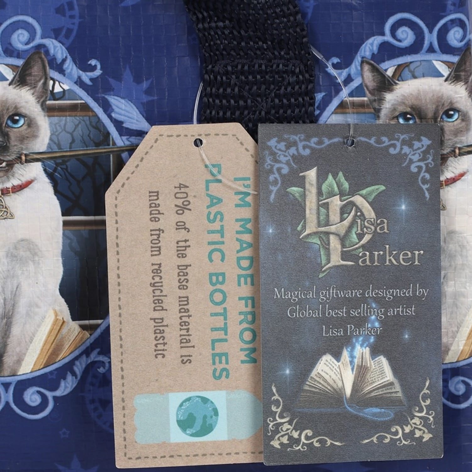 Close-up of the Lisa Parker Hocus Pocus lunch bag showing recycled plastic bottle tag and artist label.