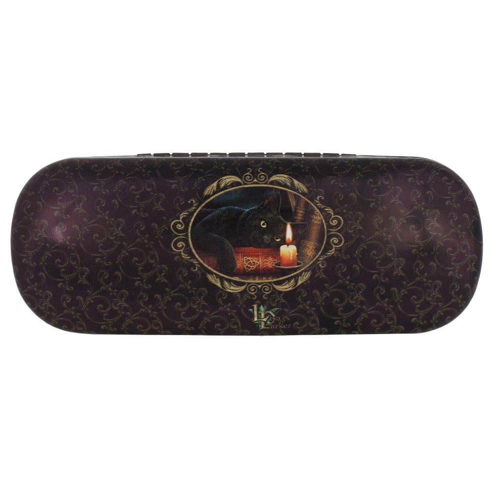 Rear view of Lisa Parker Witching Hour black cat hard glasses case with mystical candlelit artwork.
