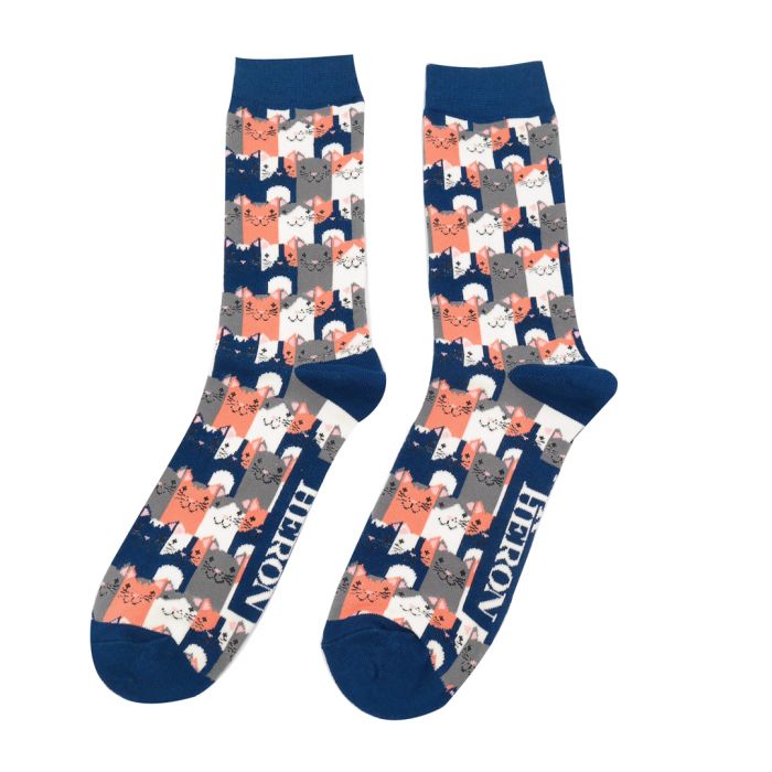 Mr Sparrow Men's Bamboo Socks 'Happy Cats' Navy