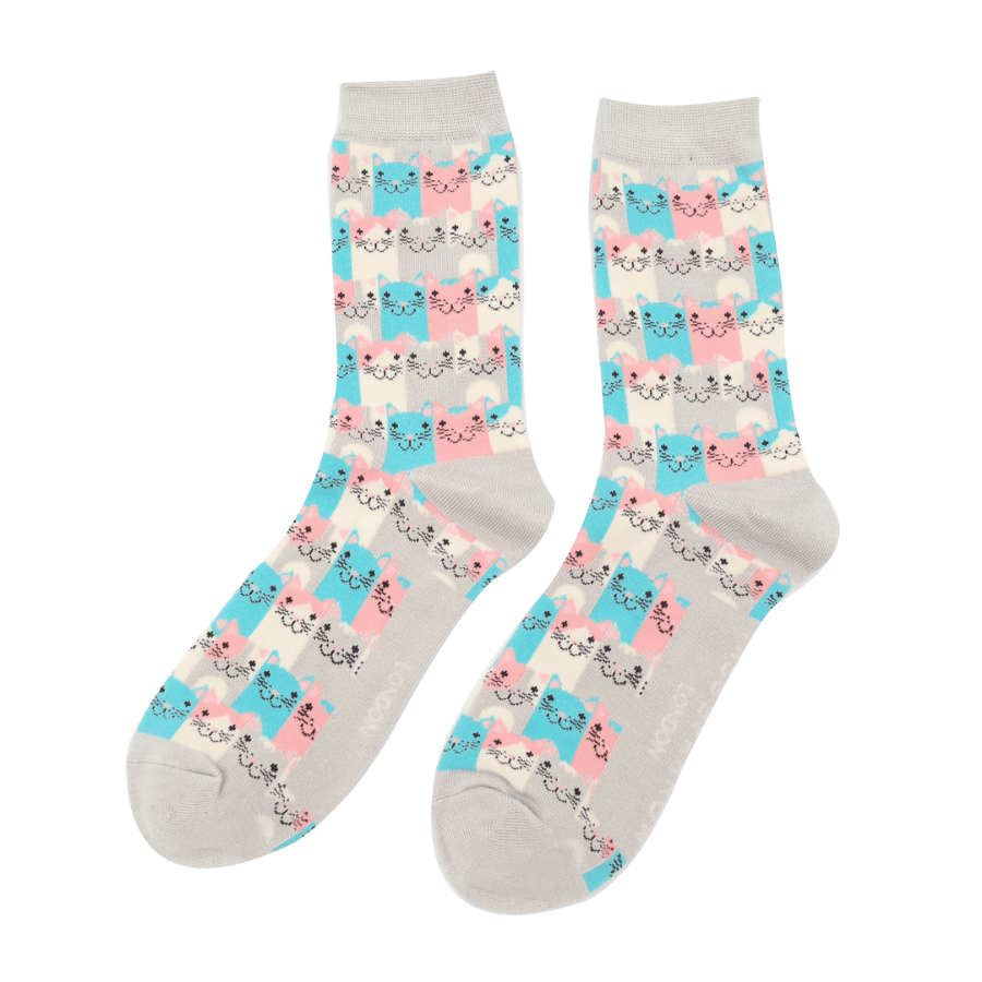 Miss Sparrow ladies' silver bamboo socks featuring rows of smiling cat faces in turquoise, pink, white and grey with matching silver cuffs, heels and toes.