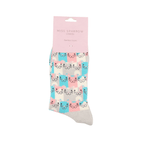 Packaged Miss Sparrow Ladies Happy Cats bamboo socks with colourful rows of smiling cat faces in turquoise, pink, white and grey on a silver background.