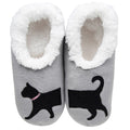 Snoozies Pairables grey women’s cat slippers with black cat design continuing across both feet, pink collar and soft fluffy white lining