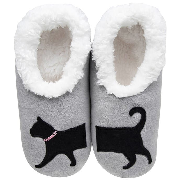 Snoozies Pairables grey women’s cat slippers with black cat design continuing across both feet, pink collar and soft fluffy white lining