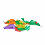 Three colourful Sup'R catnip mice with bright feather tails for interactive cat play