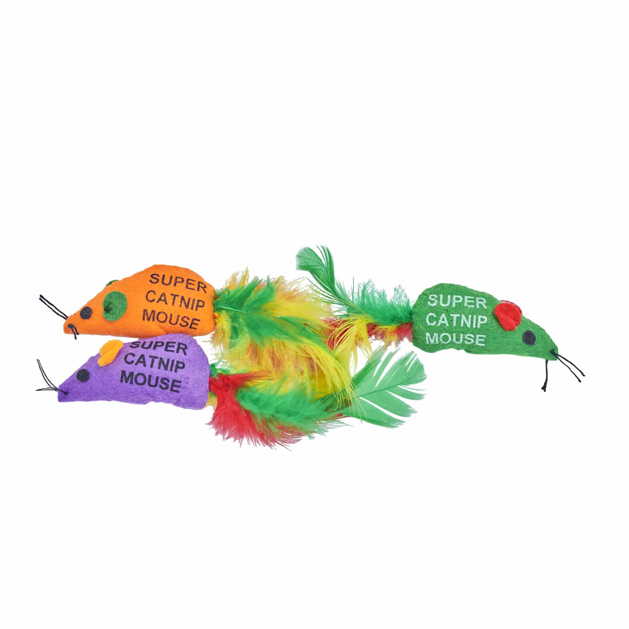 Three colourful Sup'R catnip mice with bright feather tails for interactive cat play
