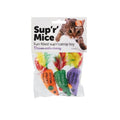 Sup'R Mice pack of three colourful catnip mice with feather tails in retail packaging