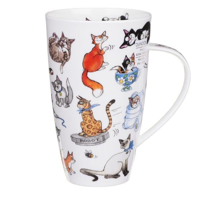 Dunoon Catastrophe Henley extra large 600ml Fine Bone China cat mug by Cherry Denman featuring colourful cats in funny mischievous situations