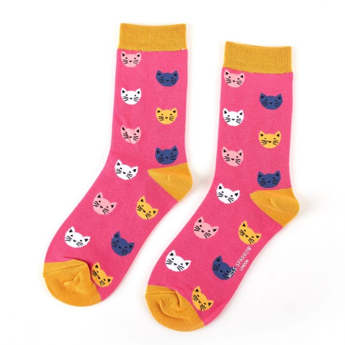 Miss Sparrow Ladies Bamboo Socks 'Kitty Faces' 4 Colours
